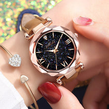 Load image into Gallery viewer, 1PC Women Watch Leather Band Ladies Quartz Wrist Watch Starry Sky Round Dial Roman Number Rhinestone Watches relogio feminino